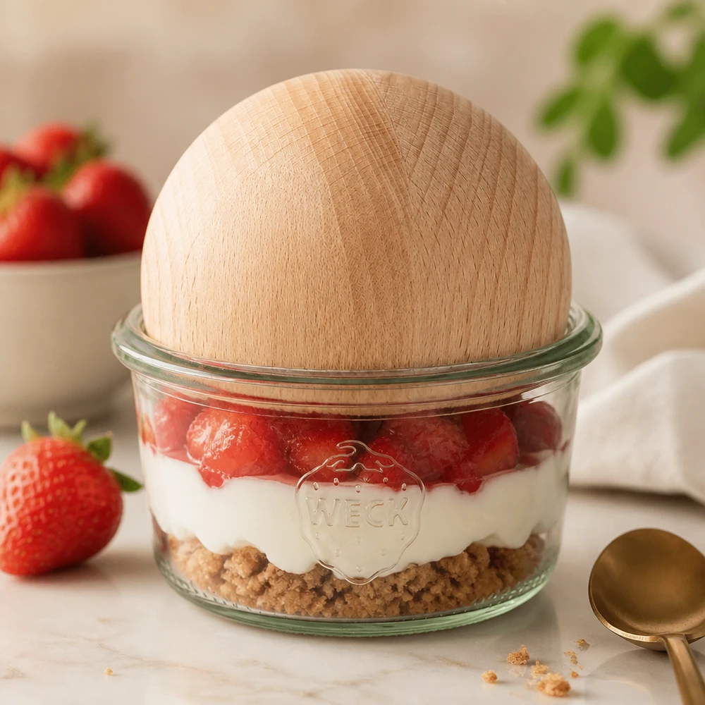 165ml bocal conique WECK RR80 avec boule en bois en hêtre WECK Verre renversé RR80 165ml avec boule en bois de hêtre comme verre à dessert pour dessert stratifié aux fraises sur plaque en marbre