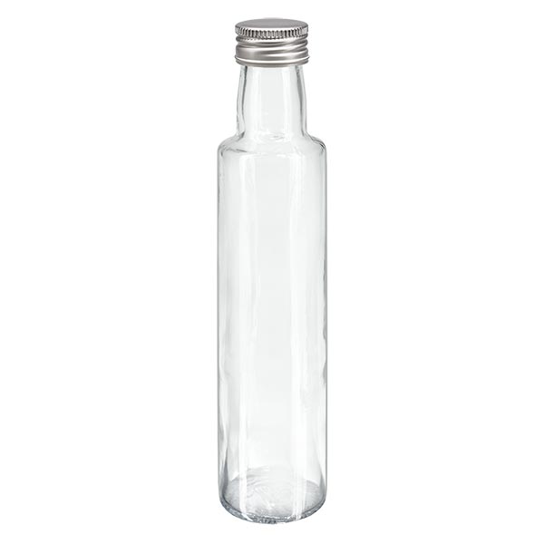 Bouteille à liqueur 250 ml ronde, en verre clair + capsule à vis argentée en aluminium (PP 31,5 mm) Bouteille à liqueur 250 ml ronde, en verre clair + capsule à vis argentée en aluminium (PP 31,5 mm)