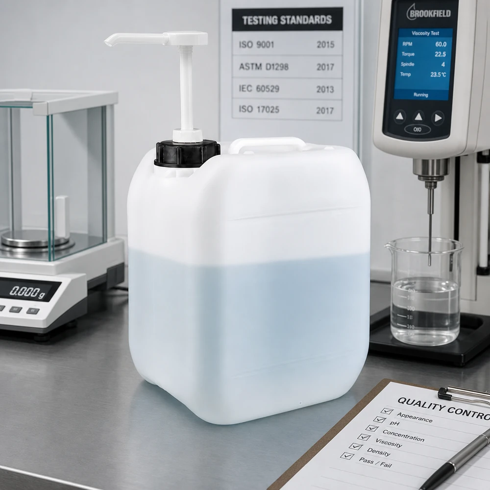 Bidon blanc de 5 litres équipé d'une pompe doseuse lors d'un contrôle qualité, à côté d'un viscosimètre et d'une balance d'analyse