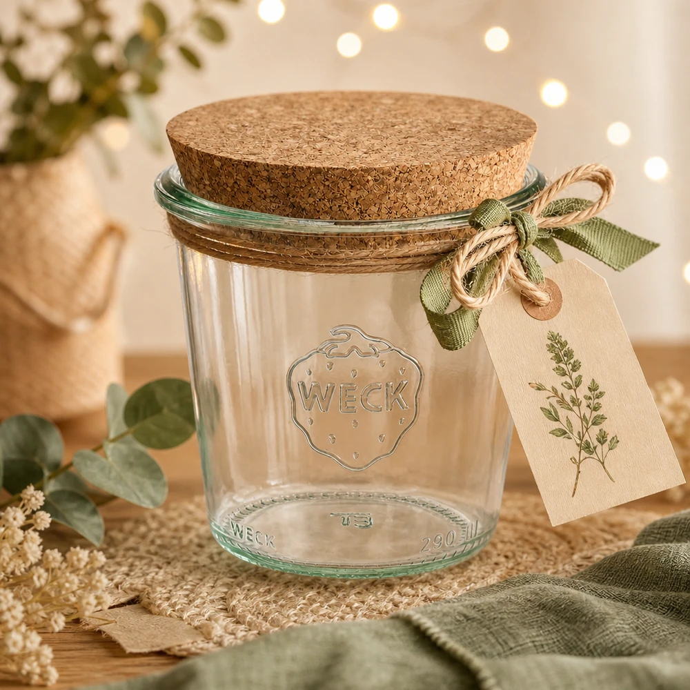 290ml bocal conique haut WECK RR80 avec bouchon nature WECK Verre renversé 290ml RR80 mise en scène décorative avec couvercle en liège étiquette cadeau et ruban vert sur table en bois