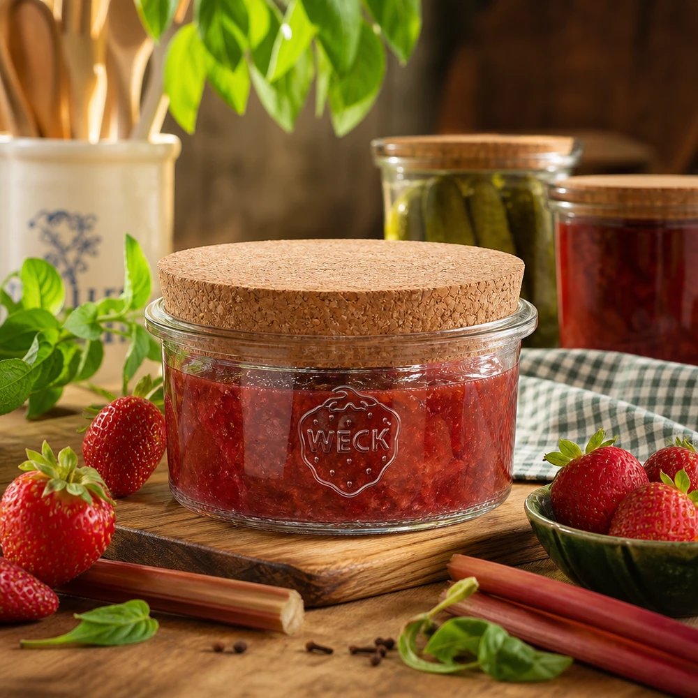 WECK Pot de conservation 165ml RR80 rempli de confiture de fraise Couvercle Cork Scénario de cuisine Pot de conservation
