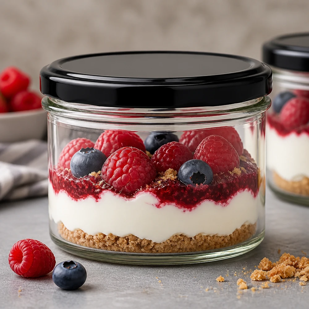 225ml Sturzglas mit schwarzem Deckel als Dessertglas für Beeren-Tiramisu - stilvolle Nachspeisen-Präsentation