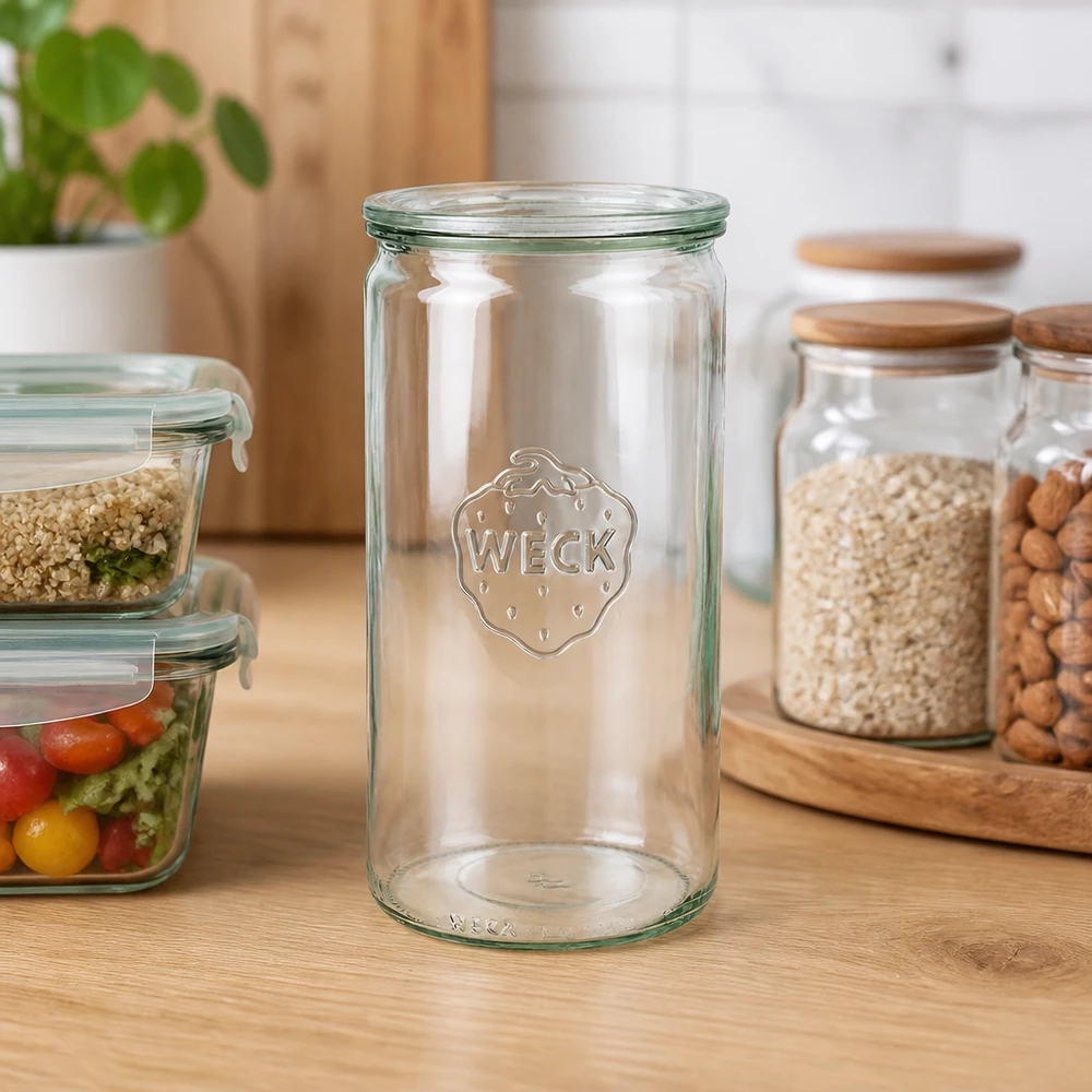 WECK Verre cylindrique 1590ml RR100 vide sur plan de travail en bois dans cuisine moderne avec bocaux à provisions et plante