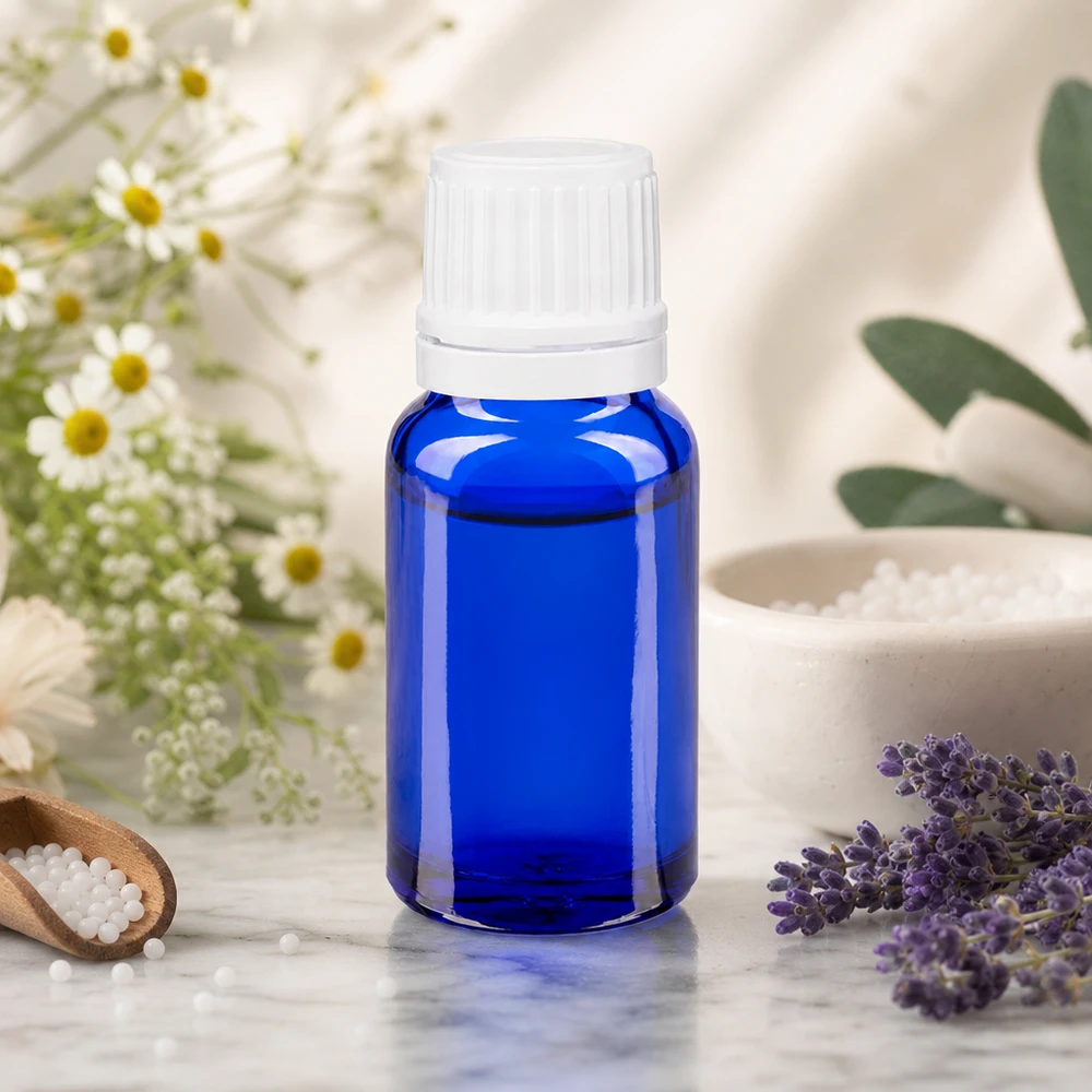 Flacon en verre bleu de 10 ml avec un bouchon à vis blanc, à côté de la lavande, de la camomille et du sel