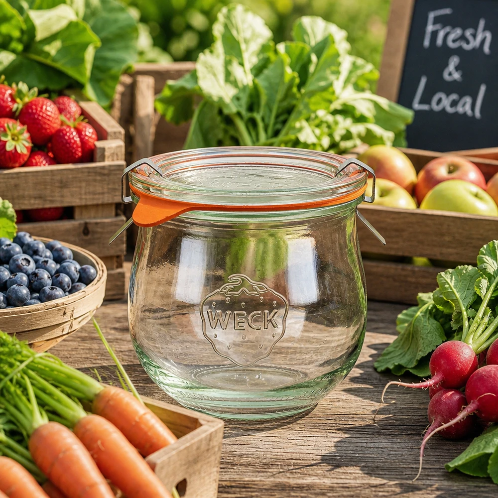 370ml bocal tulipe complet WECK RR80 WECK Pot tulipe 370ml RR80 sur stand de marché avec fruits et légumes frais et panneau Local Fresh pour produits régionaux