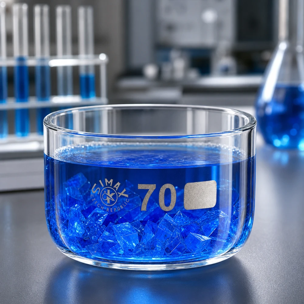 Coupelle de cristallisation 100 ml sans bec verseur Coupelle de cristallisation Simax de 70 mm de diamètre contenant une solution bleue de sulfate de cuivre et des cristaux, en laboratoire