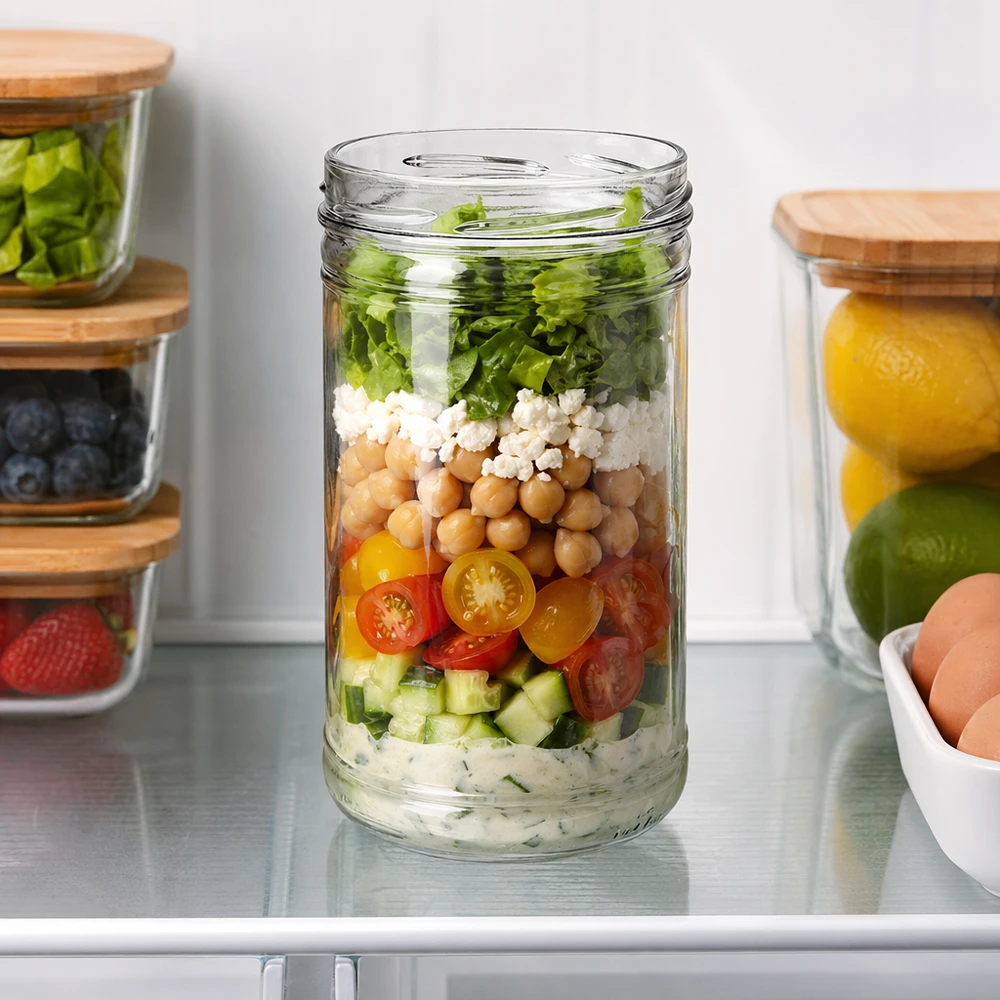 1053ml Verre conique sans couvercle (TO100) UNiTWIST UNiTWIST Verre renversé 1053ml TO100 comme verre Meal Prep avec salade stratifiée pois chiches feta tomates au réfrigérateur
