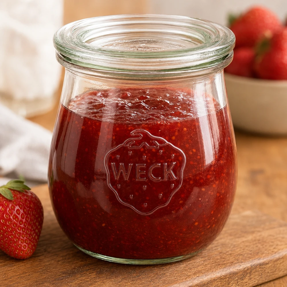 Bocal en forme de tulipe de 220 ml avec couvercle en verre WECK RR60 WECK Pot tulipe 220ml rempli de confiture de fraises sur planche en bois avec fraises fraîches en arrière-plan