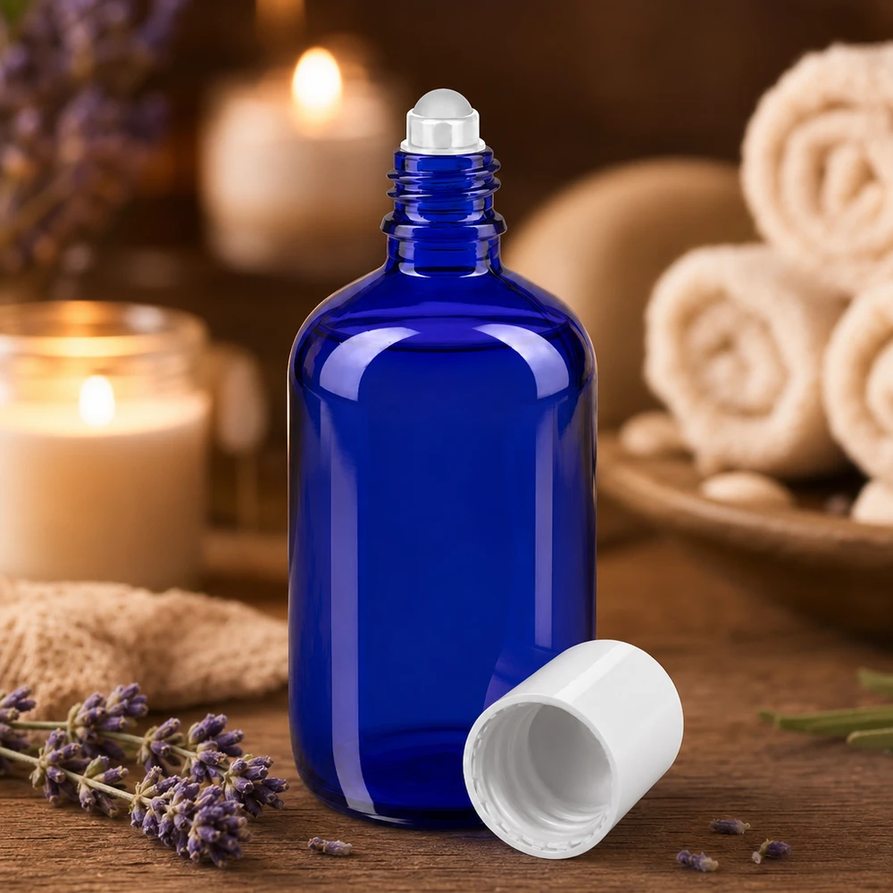 Flacon de pharmacie bleu 100ml Roll-On bouchon blanc Flacon roll-on en verre d'apothicaire bleu de 100 ml avec un bouchon blanc, sur fond de spa propice à la détente