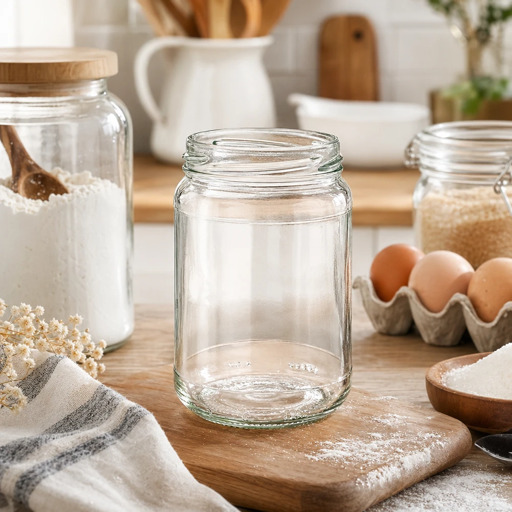 UNiTWIST Runda305 Verre rond 305ml TO63 vide sur planche en bois dans cuisine moderne avec œufs et farine