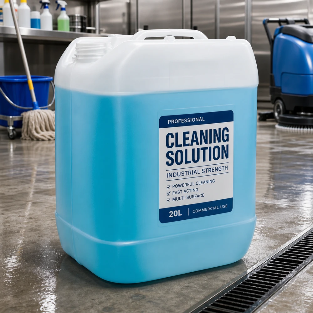 Bidon bleu de 20 litres contenant une solution nettoyante professionnelle « Industrial Strength » destinée à un usage professionnel