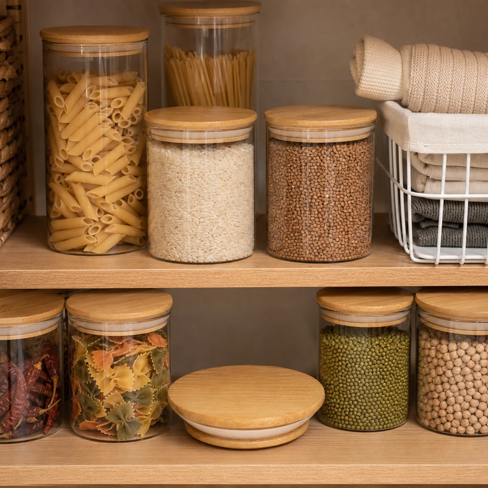 Couvercle en bois RR80 WECK WECK RR80 Couvercle en bois version A dans une cuisine de réserve pratique avec des bocaux organisés pour les pâtes, le riz et les légumineuses