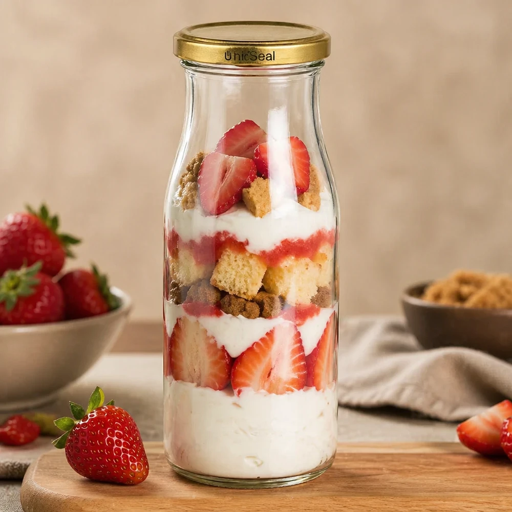 UNiTWIST Bouteille en verre 150ml Dessert à la fraise Dessert en couches TO43 doré BioSeal couvercle crème biscuits planche en bois