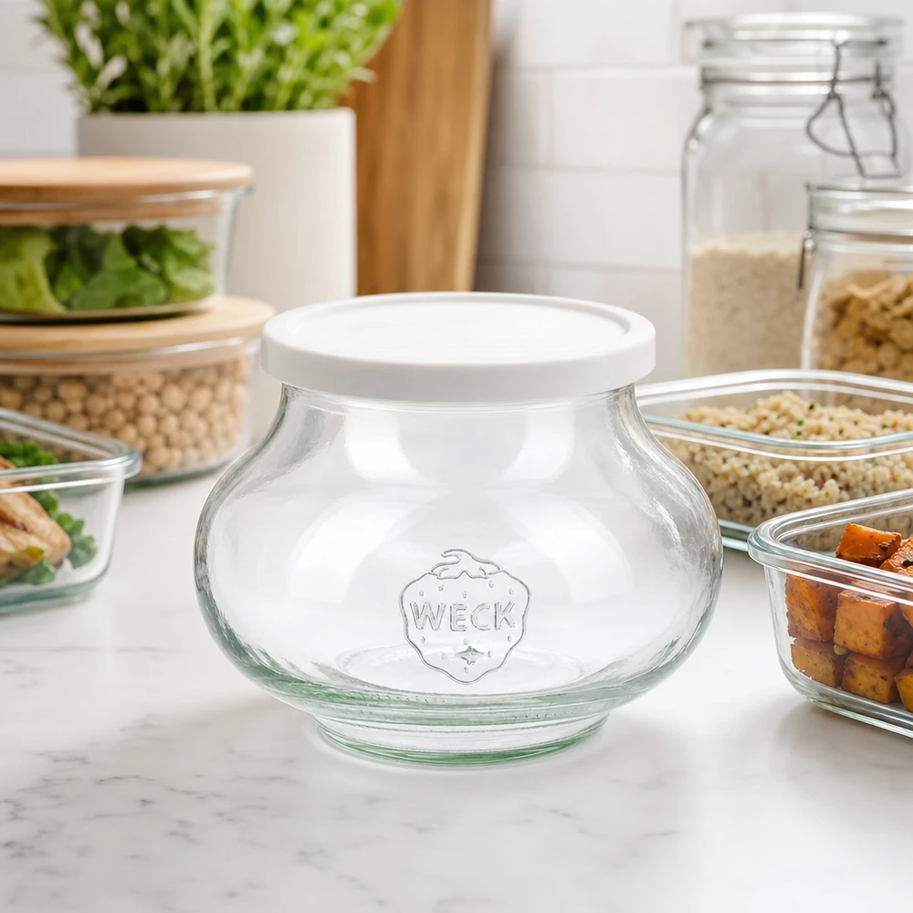 WECK Vorratsglas 560ml RR80 in moderner Küche zwischen Meal-Prep Behältern und Gewürzgläsern für stylische Aufbewahrung