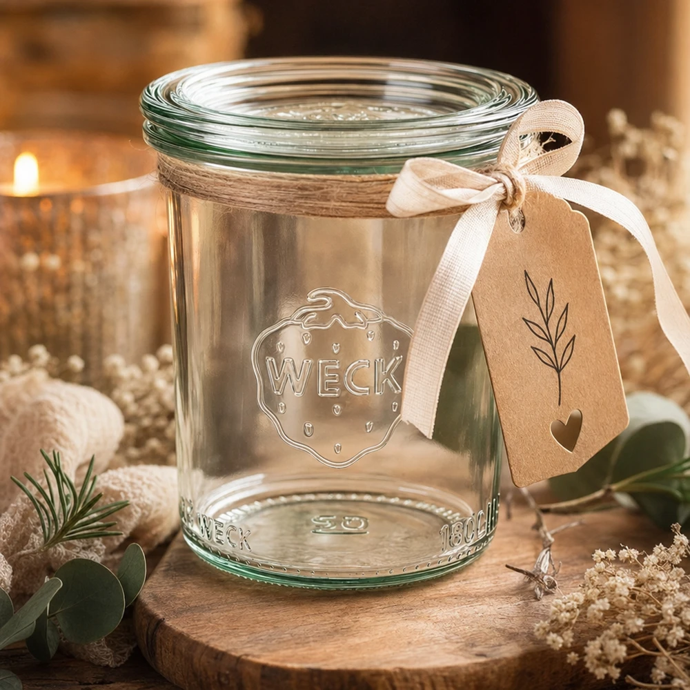 Bocal en verre de 160 ml avec couvercle en verre WECK RR60 WECK Verre renversé RR60 160ml comme emballage cadeau avec pendentif et ruban dans une atmosphère chaleureuse avec bougie