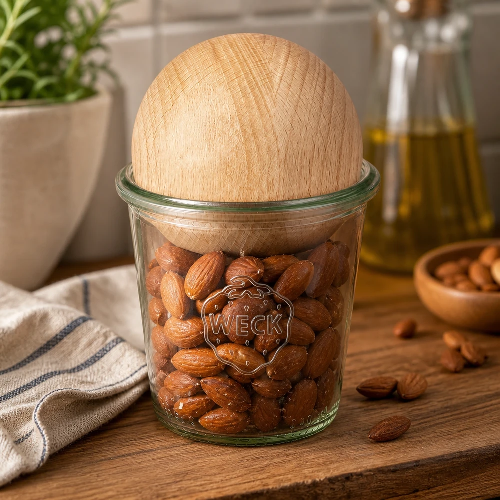 290ml bocal conique haut WECK RR80 avec boule en bois en hêtre WECK Verre renversé 290ml RR80 rempli d'amandes avec couvercle en forme de boule en hêtre sur planche en bois dans un environnement de cuisine naturel