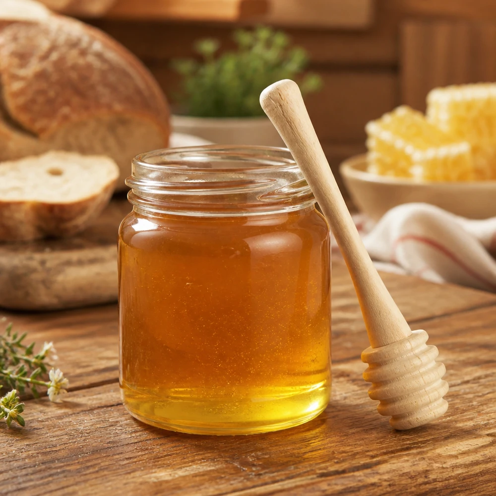 Pelle à miel en bois 10,5 cm Cuillère à miel en bois d'érable dans un pot de miel naturel montre une utilisation pratique dans un environnement de cuisine confortable