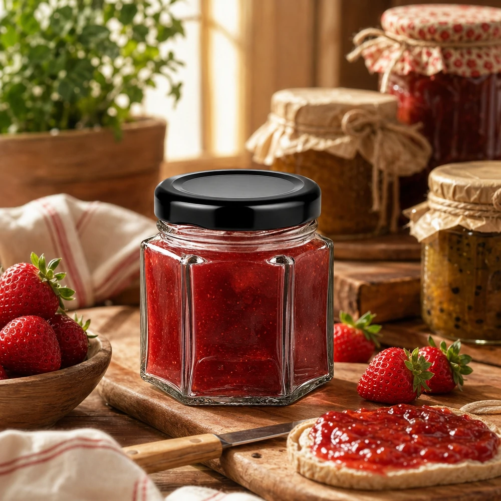 47ml Verre hexagonal avec couvercle BasicSeal noir UNiTWIST Hexaglase 47ml avec couvercle noir rempli de confiture de fraises dans une cuisine rustique avec des fraises fraîches