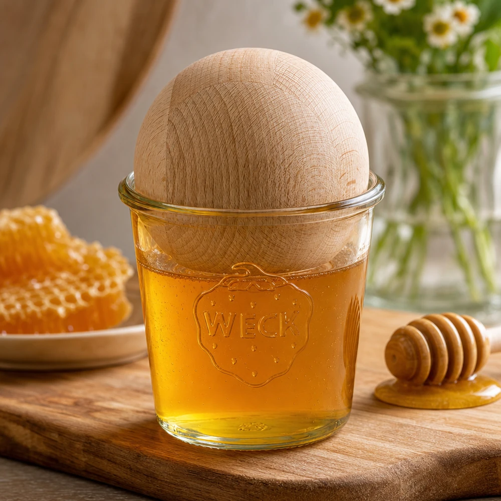 580ml bocal conique WECK RR100 avec boule en bois en hêtre WECK Pot renversé RR100 580ml avec boule en bois hêtre rempli de miel sur planche en bois à côté du rayon et cuillère à miel