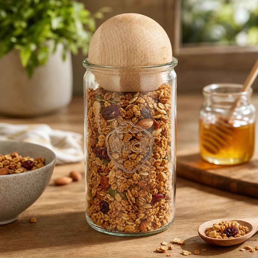 1590ml bocal cylindrique WECK RR100 avec boule en bois en hêtre WECK Bocal à provisions 1590ml RR100 rempli de céréales et de noix montre une utilisation pratique de la cuisine avec fermeture à bille en bois