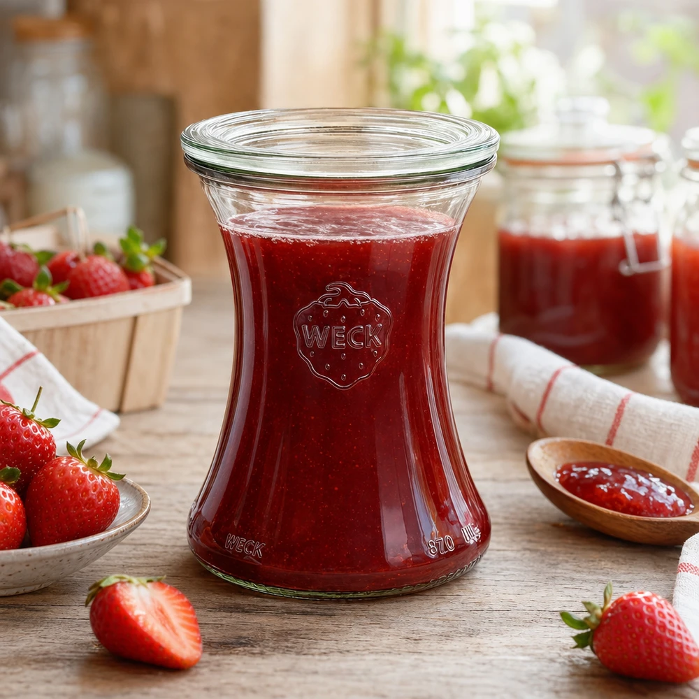 Bocal en verre de 370 ml avec couvercle en verre WECK RR80 WECK Pot de délicatesse 370ml rempli de confiture de fraise montre l'utilisation pratique du pot RR80 dans la cuisine