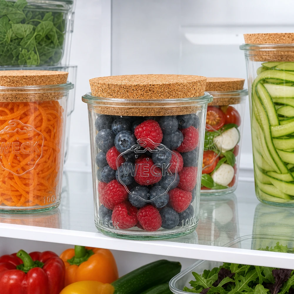 160ml bocal conique WECK RR60 avec bouchon nature WECK Pot de conservation 160ml RR60 avec couvercle en liège dans le réfrigérateur rempli de baies à côté de légumes et de bocaux à provisions