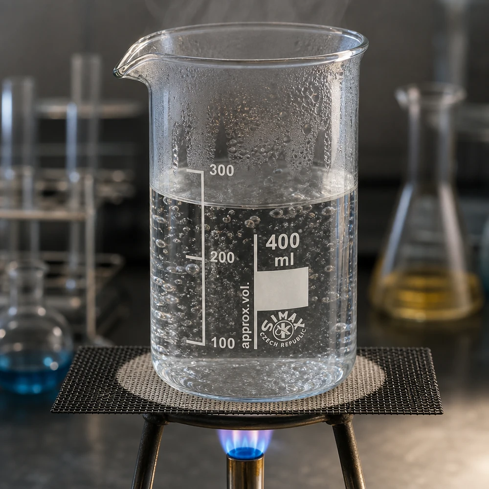 De l'eau bouillante dans un bécher de 400 ml de forme haute, placé sur un bec Bunsen muni d'un filet métallique