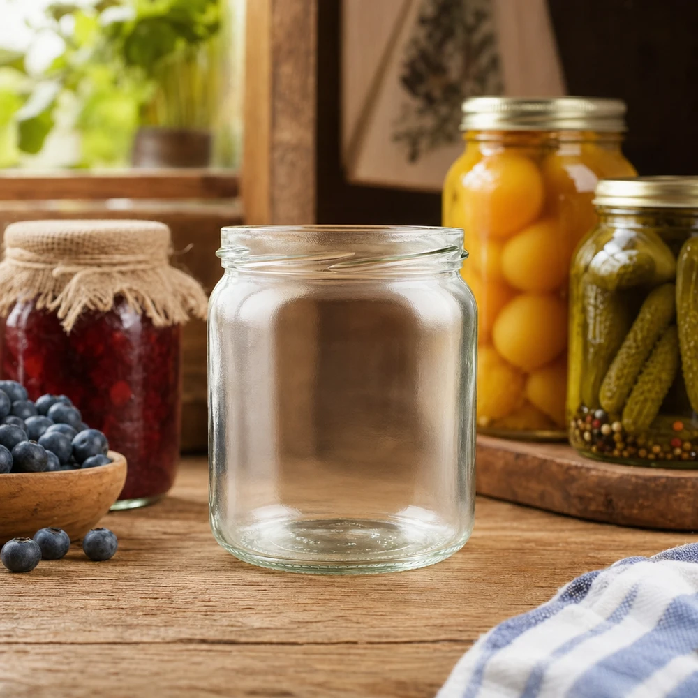 UNiTWIST Runda408 Verre rond vide 408ml TO82 dans une scène de cuisine avec des cornichons marinés et des fruits en arrière-plan