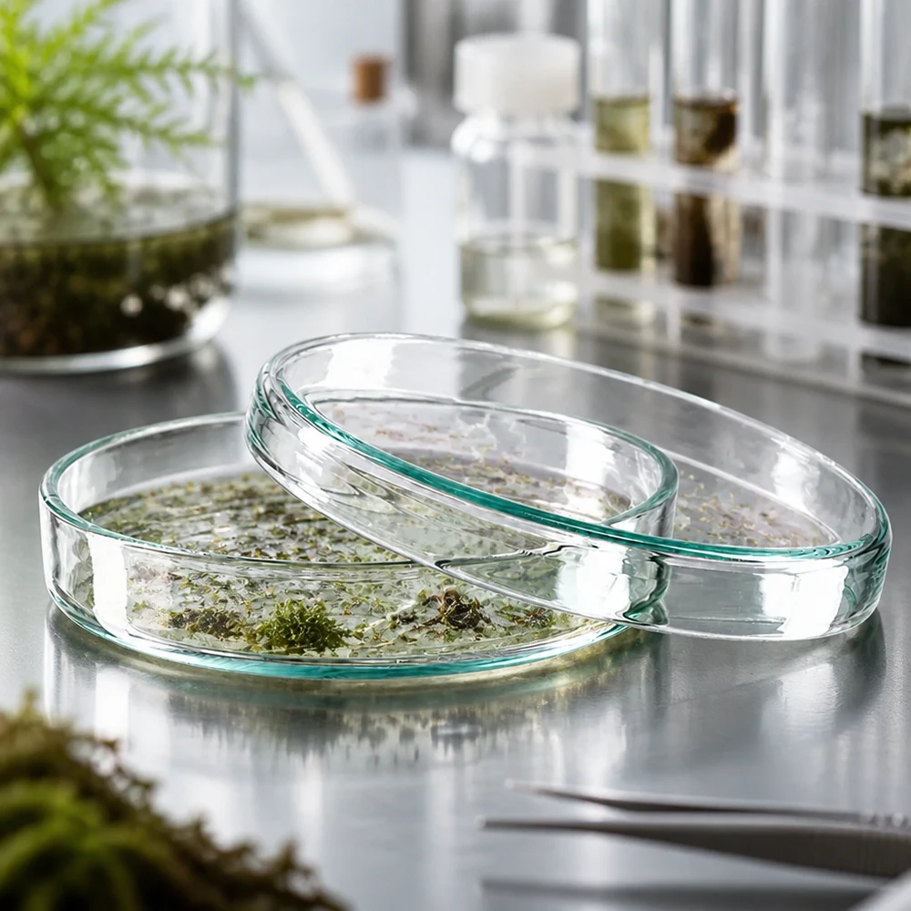 Deux boîtes de Pétri en verre empilées, de 80 x 15 mm, contenant des échantillons de plantes vertes, posées sur une surface en acier dans un laboratoire
