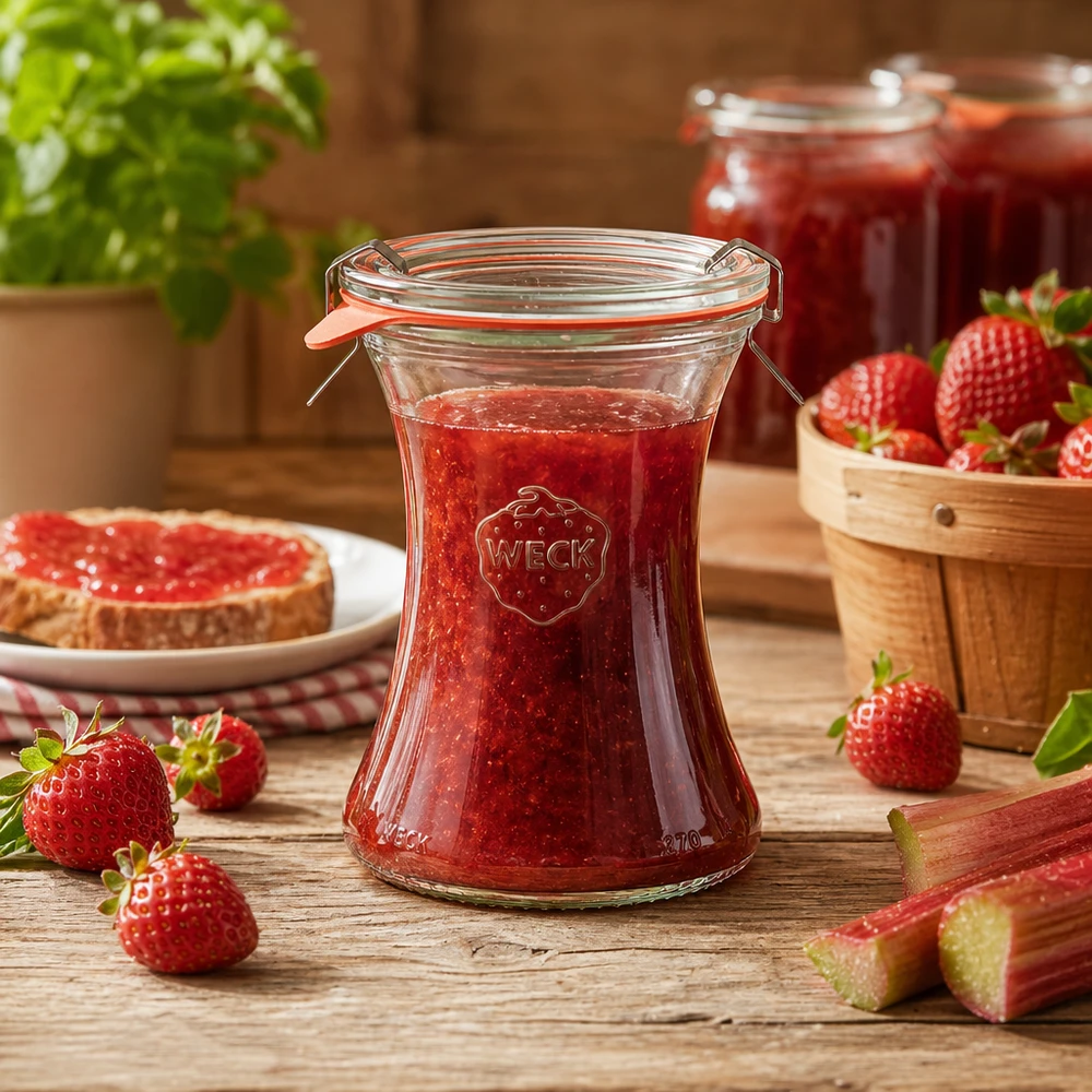 Bocal en verre de 370 ml, modèle WECK RR80 complet WECK Pot de conservation 370ml rempli de confiture de fraises Exemple d'utilisation pour faire de la confiture et de la marmelade