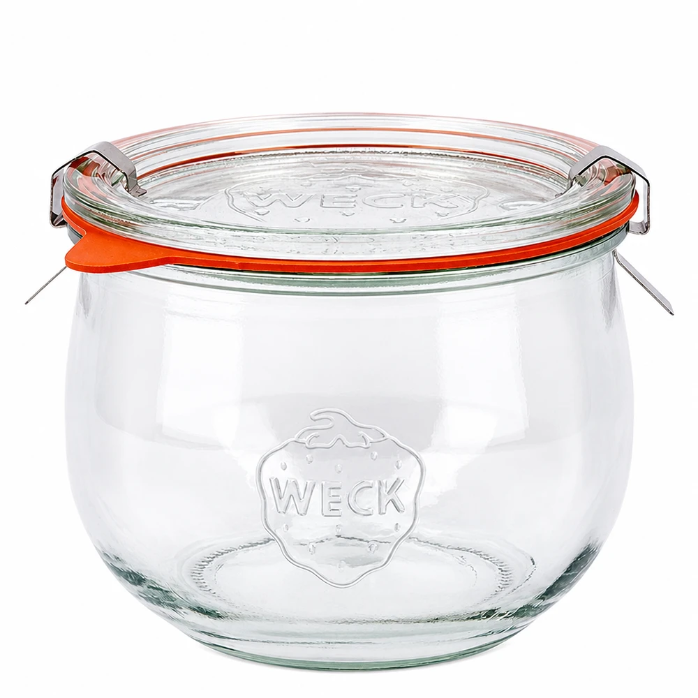 580ml bocal tulipe complet WECK RR100 WECK Pot tulipe 580ml RR100 avec couvercle en verre et anneau en caoutchouc orange, pot à conserves classique en verre clair