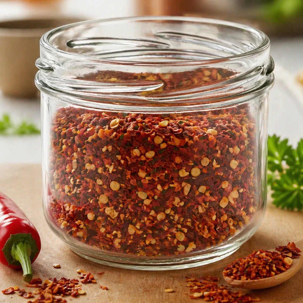 260ml Verre conique sans couvercle (TO82) UNiTWIST UNiTWIST Sturz260 Verre rond 260ml TO82 rempli de mélange d'épices au piment sur planche en bois avec des herbes aromatiques