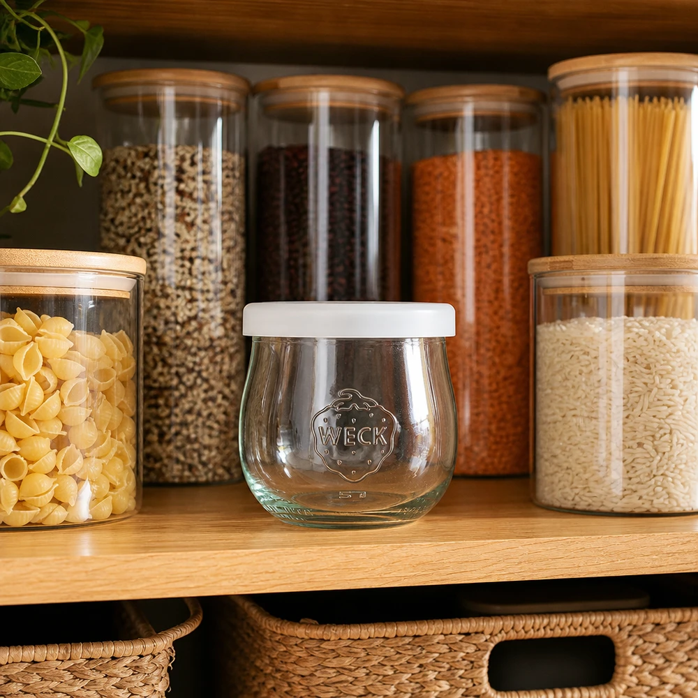 WECK Pot tulipe 370ml sur étagère en bois entre les bocaux à provisions avec pâtes lentilles riz rangement organisé cuisine