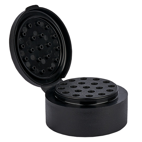 Couvercle du bocal à sel/épices avec ouverture à saupoudrer noir - Total 19 trous ø3.5mm. Filetage de 41mm. Charnière à charnière. EN PP. Couvercle du bocal à sel/épices avec ouverture à saupoudrer noir - Total 19 trous ø3.5mm. Filetage de 41mm. Charnière à charnière. EN PP.