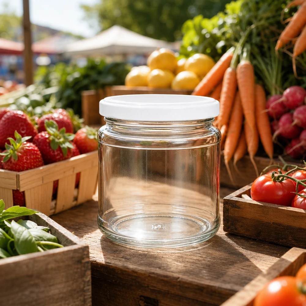 Pot rond de 212ml avec couvercle BasicSeal sur le stand du marché entre les fruits et légumes frais - parfait pour la confiture