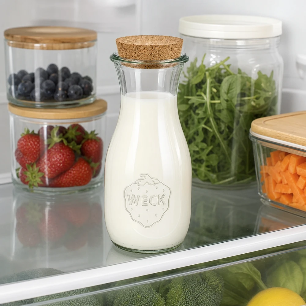 530ml Bouteille à jus de fruits WECK RR60 avec bouchon nature Bouteille de jus WECK de 530 ml remplie de lait dans le réfrigérateur à côté de bocaux à provisions avec des baies, de la salade et des légumes