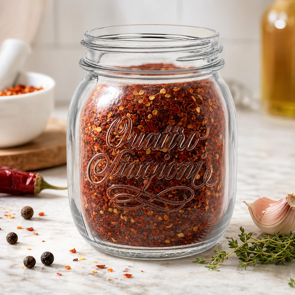 700ml Quattro Stagioni Bocal ménager rempli de mélange d'épices au piment sur le plan de travail de la cuisine avec des herbes et de l'ail