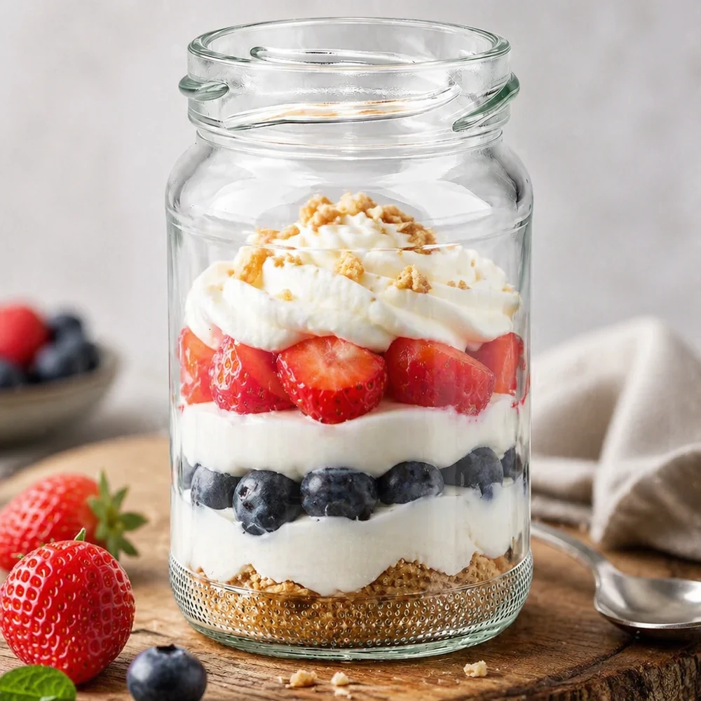 UNiTWIST Runda110 Verre rond 110ml TO48 avec dessert stratifié aux baies, yaourt et crumble rempli sur table en bois