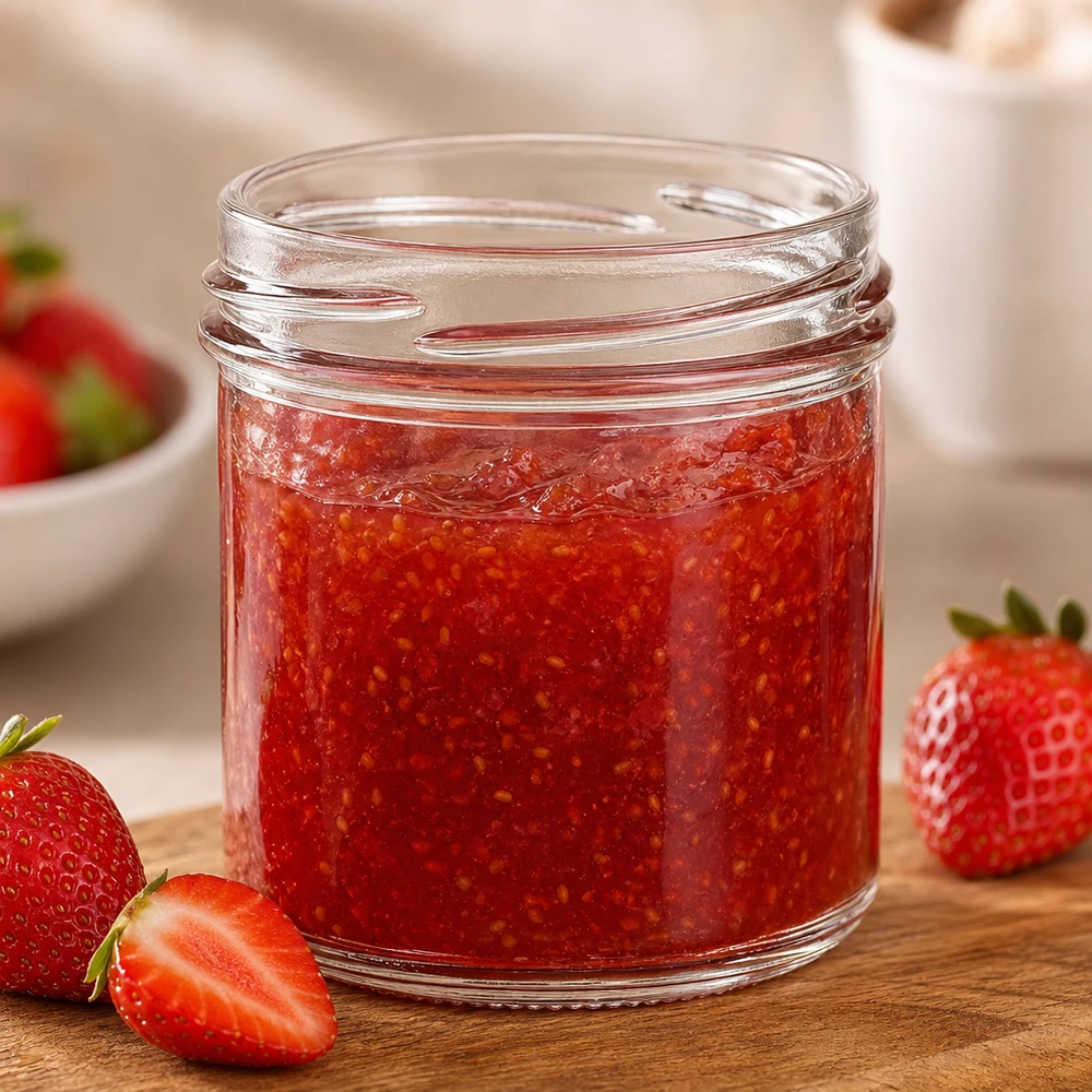 167ml Verre conique sans couvercle (TO66) UNiTWIST UNiTWIST Sturz167 Verre renversé 167ml TO66 rempli de confiture de fraises sur planche en bois avec fraises fraîches