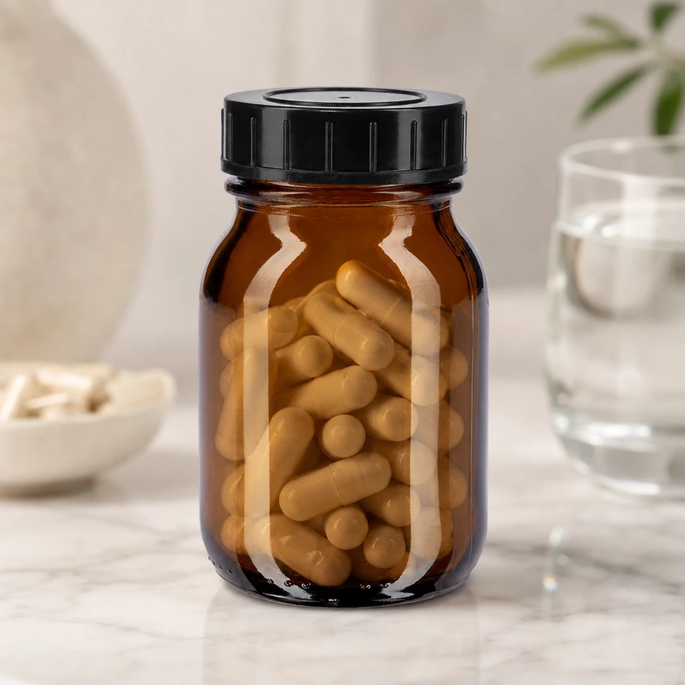 Bouteille en verre brun de haute qualité de 75 ml avec bouchon à vis pour un stockage optimal des compléments alimentaires