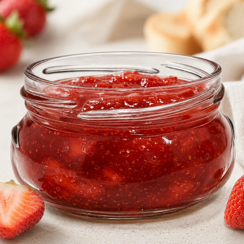 120ml Verre terrine sans couvercle (TO70) UNiTWIST UNiTWIST Terrina120 Pot à terrine 120ml TO70 rempli de confiture de fraises rouges à côté de fraises fraîches