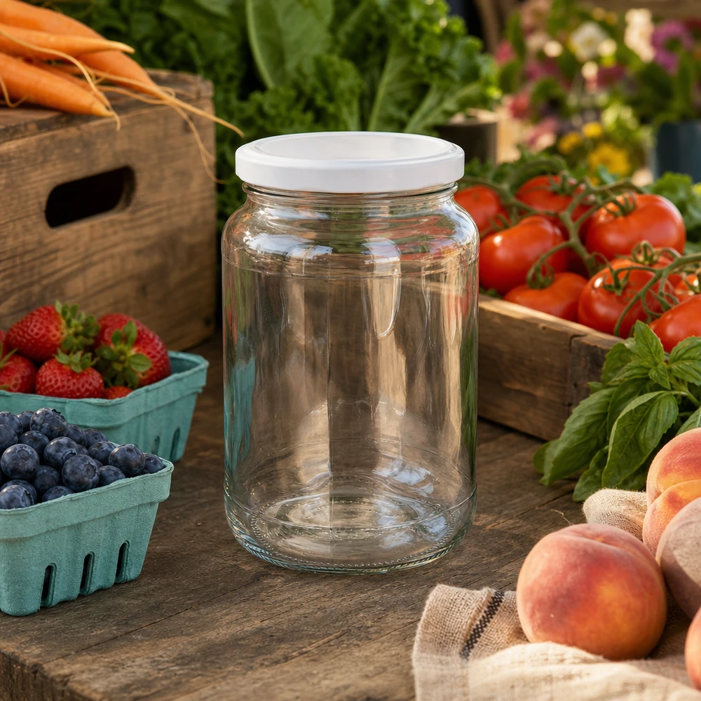 1700ml Verre rond avec couvercle BasicSeal blanc UNiTWIST 1700ml Verre rond BasicSeal blanc sur stand de marché avec tomates fraîches fraises pêches montre la polyvalence
