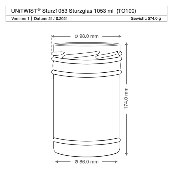 1053ml Verre conique sans couvercle (TO100) UNiTWIST UNiTWIST verre renversé 1053ml TO100 dessin technique avec dimensions diamètre 98mm hauteur 174mm poids 574g