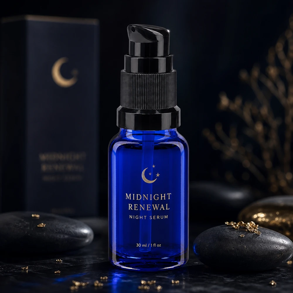 Flacon pompe en verre de pharmacie bleu de 10 ml, modèle STD, avec doseur noir, pour sérum de nuit et soins du visage
