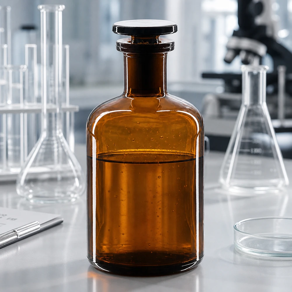 Flacon à épaulement arrondi de 100 ml, en verre ambré, à col étroit, muni d'un bouchon en verre, destiné à un usage professionnel en laboratoire