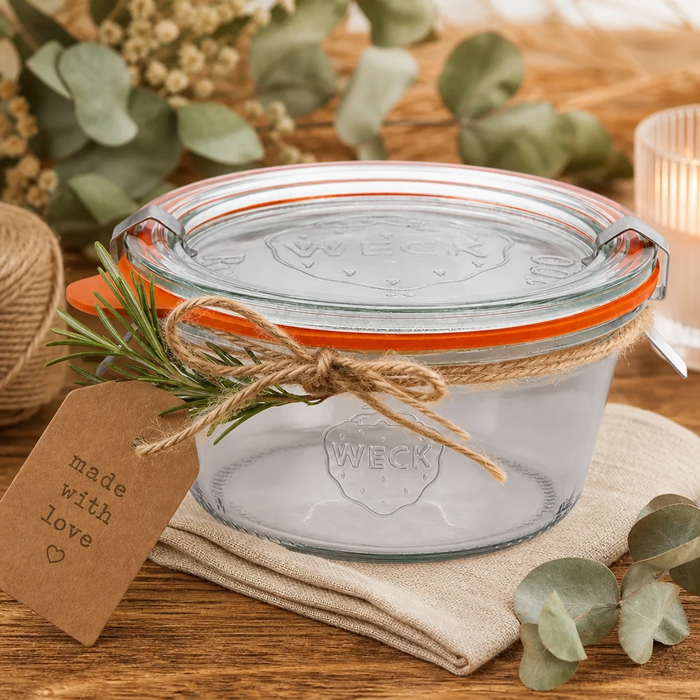 290ml bocal conique faible complet WECK RR80 WECK Verre renversé 290ml RR100 comme idée de cadeau décoré avec une corde de jute romarin et un pendentif Made with Love