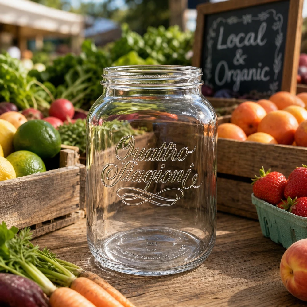 3000ml Quattro Stagioni Verre de ménage sur table en bois avec des fruits et légumes frais du marché fermier