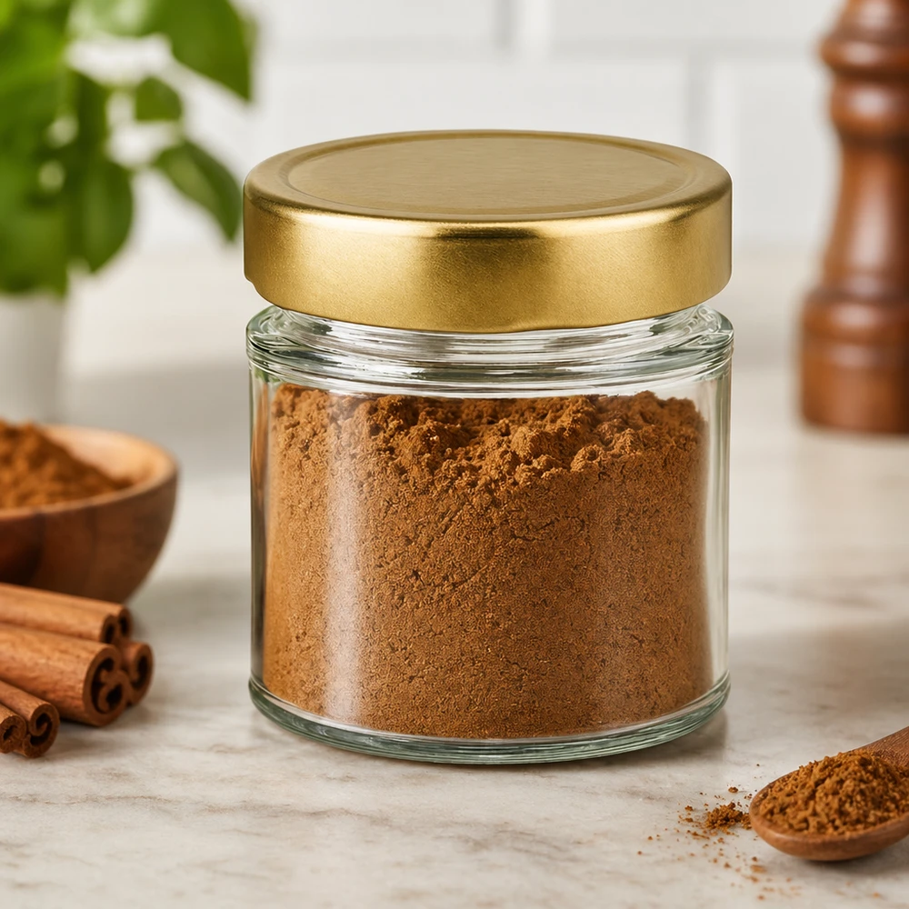 154ml Verre rond avec couvercle BasicSeal or UNiTWIST 154ml Verre rond BasicSeal or rempli de poudre brune Cannelle Épices Scène de cuisine Verre de réserve Conservation