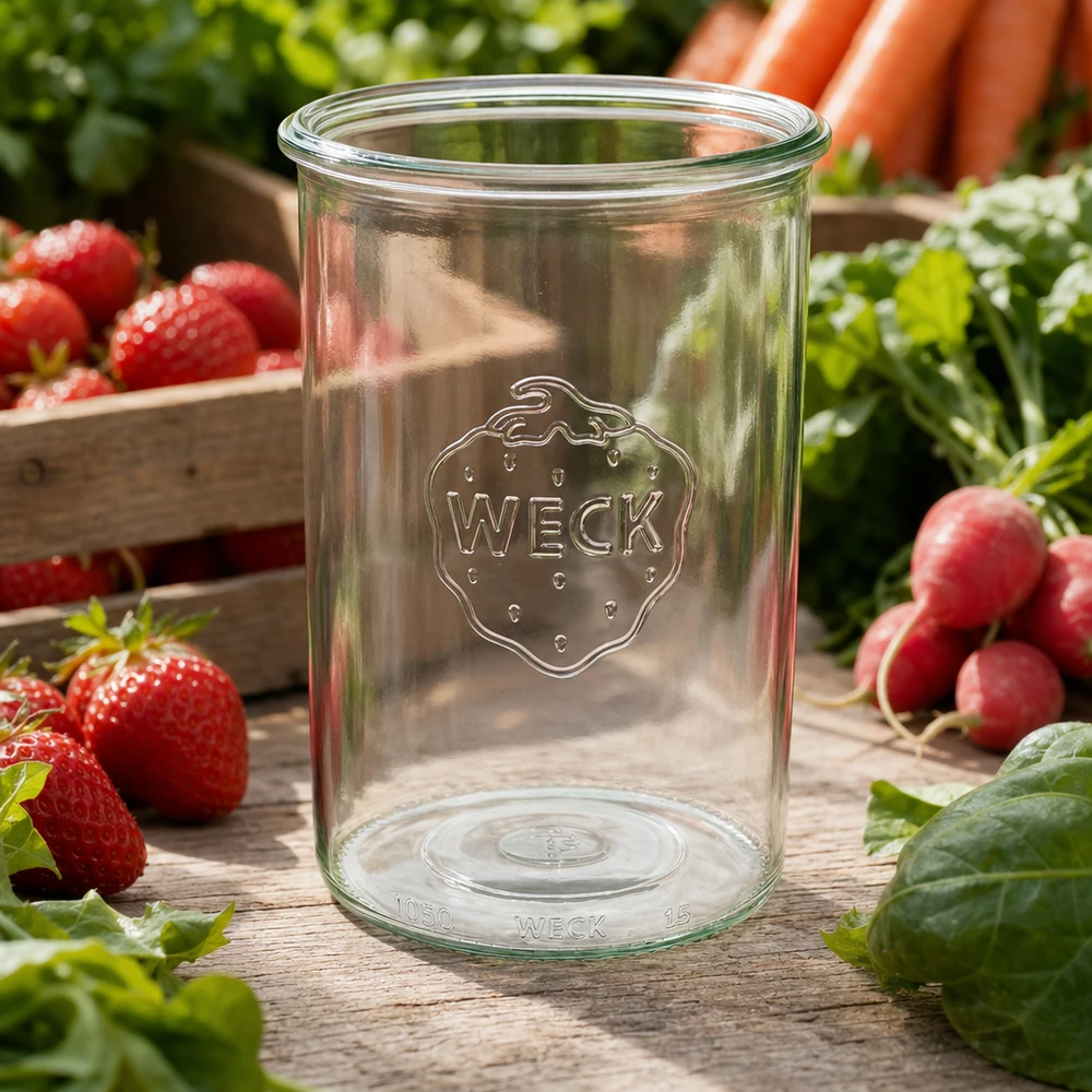 Bocal en verre WECK RR100 de 1 000 ml WECK Pot de 1000ml RR100 avec logo sur table en bois entouré de fraises fraîches, de radis et de légumes