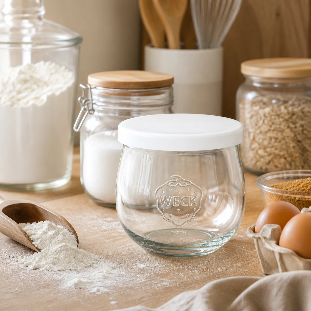WECK Pot tulipe 370ml avec couvercle en silicone blanc dans la cuisine rustique entre les œufs de farine et autres bocaux à provisions